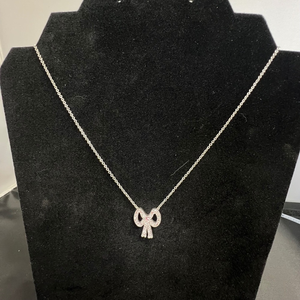 Coach Silver Tone Pink Pave Crystal Bow Pendant Necklace 17 Inch Chain - Picture 6 of 7